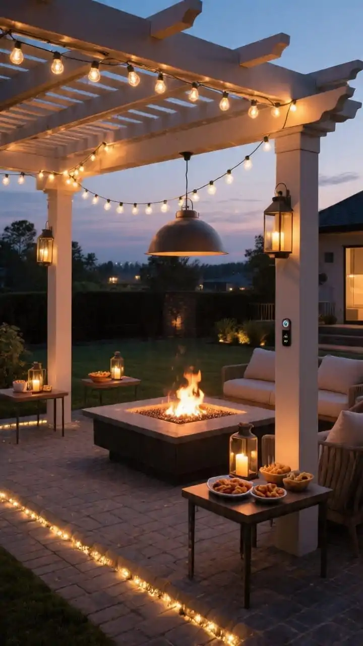Medium shot at dusk focusing on smart layered lighting around a gas fire pit: overhead bistro string lights in a zigzag, pergola-mounted pendant overhangs, lanterns with LED candles at eye level on side tables, and low-voltage path lights along pavers. Warm bulbs at 2700K–3000K create flattering ambiance; a smart dimmer control is visible on a post. The fire pit provides mood but the snack spread on a nearby side table is illuminated. Slight overhead angle to show lighting layers, photorealistic.