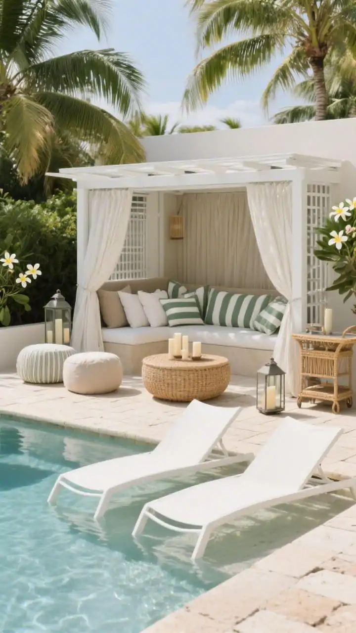 Medium shot, breezy afternoon: A resort-luxe cabana scene wrapped by creamy limestone pavers around a pool. A white powder-coated aluminum cabana with sheer Sunbrella curtains billowing, framing a plush built-in daybed dressed in coastal stripes and an avalanche of pillows. In the foreground, a slender tanning ledge holds two half-submerged white sling chaises. A postcard cluster of royal palms and low, fragrant frangipani frame the cabana. Add a round woven coffee table, linen-look poufs, lanterns with pillar candles, striped bolster pillows, and a rattan bar cart. Palette: cream, sand, soft taupe, white, green. Photorealistic, corner angle.