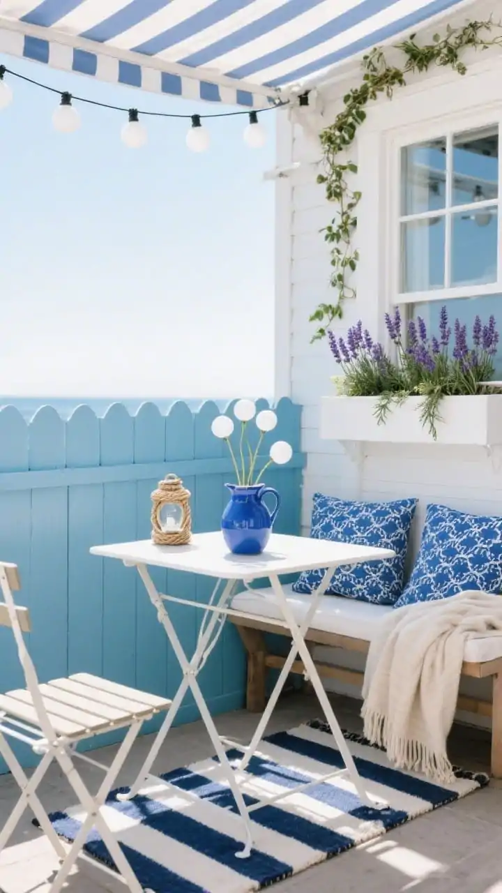 Medium shot, coastal blue-and-white bistro nook on a small patio: fence/railing painted soft ocean blue; navy-and-white striped rug under a matte-white foldable bistro table and chairs; a blue ceramic pitcher used as a vase with simple stems; blue-patterned cushions and a lightweight throw draped over a chair; a small rope-wrapped lantern on the tabletop; white globe string lights swagged overhead; a white window box planted with lavender, rosemary, and trailing ivy; a simple striped umbrella providing shade. Bright morning light, crisp seaside vibe.