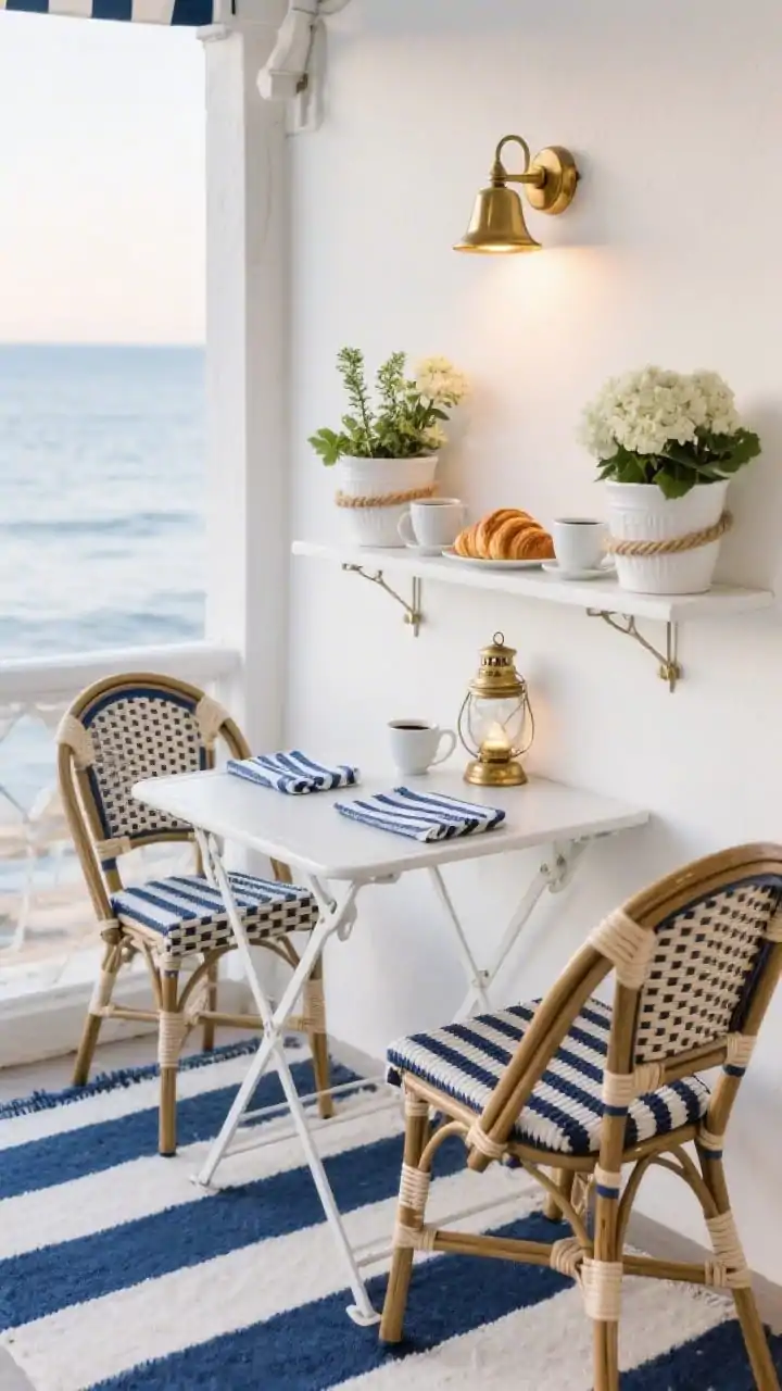 Medium shot, Coastal Café Corner With Bistro Charm: compact white metal bistro table with two bentwood-style/rattan bistro chairs in navy stripe on a blue-and-white striped rug; wall-mounted fold-down shelf styled with espresso cups and croissants; nautical outdoor sconce casting a warm evening glow; white ceramic pots with hydrangeas and herbs; rope-wrapped lanterns, a brass bell mounted nearby, and striped napkins on the table; crisp white, navy blue, and brass accents; photographed from a slight overhead corner angle, seaside morning vibe.