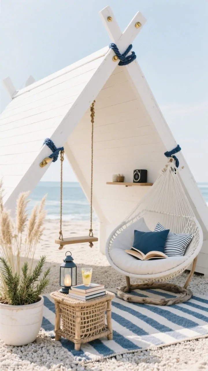 Medium shot, coastal chill A-frame over pale sand-colored gravel: whitewashed A-frame with navy rope detailing and brushed brass hardware; one belt swing, a deep hammock chair swing for reading, and a large oval saucer. Soft palette of whites, driftwood, and nautical blue. Decor includes a striped outdoor rug, lantern-style solar stakes, woven side table with books and a drink, potted ornamental grasses and rosemary. Weatherproof throw pillows on the hammock chair and a small Bluetooth speaker shelf. Gentle seaside daylight, breezy relaxed mood, straight-on view.