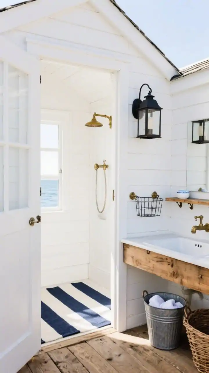 Medium shot, coastal farmhouse shower shed: exterior-into-interior view showing white board-and-batten siding with a black metal lantern by a partially open Dutch door, interior with white shiplap walls, aged brass fixtures, striped navy runner, reclaimed pine vanity with porcelain drop-in sink, peg rails with enamel soap set, wire baskets and a galvanized bucket for extra towels; palette of crisp white, navy, brass, weathered pine; bright seaside daylight; angled doorway perspective, photorealistic.
