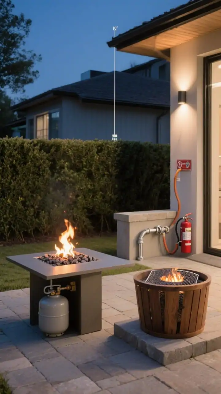 Medium shot comparing fire source styling with safety details: a clean-lined propane fire table with lava rock bed and hidden tank in a matching side table; nearby, a compact smokeless double-wall wood fire pit on a noncombustible stone paver base; a separate natural gas line stub with sleek burner set permanently placed; spark screen and spark arrestor accessories visible; low hedge acting as a windbreak; clear 10-foot clearance from structures and overhangs; a hose and fire extinguisher discreetly staged; warm night lighting, polished yet practical; photorealistic, no people.