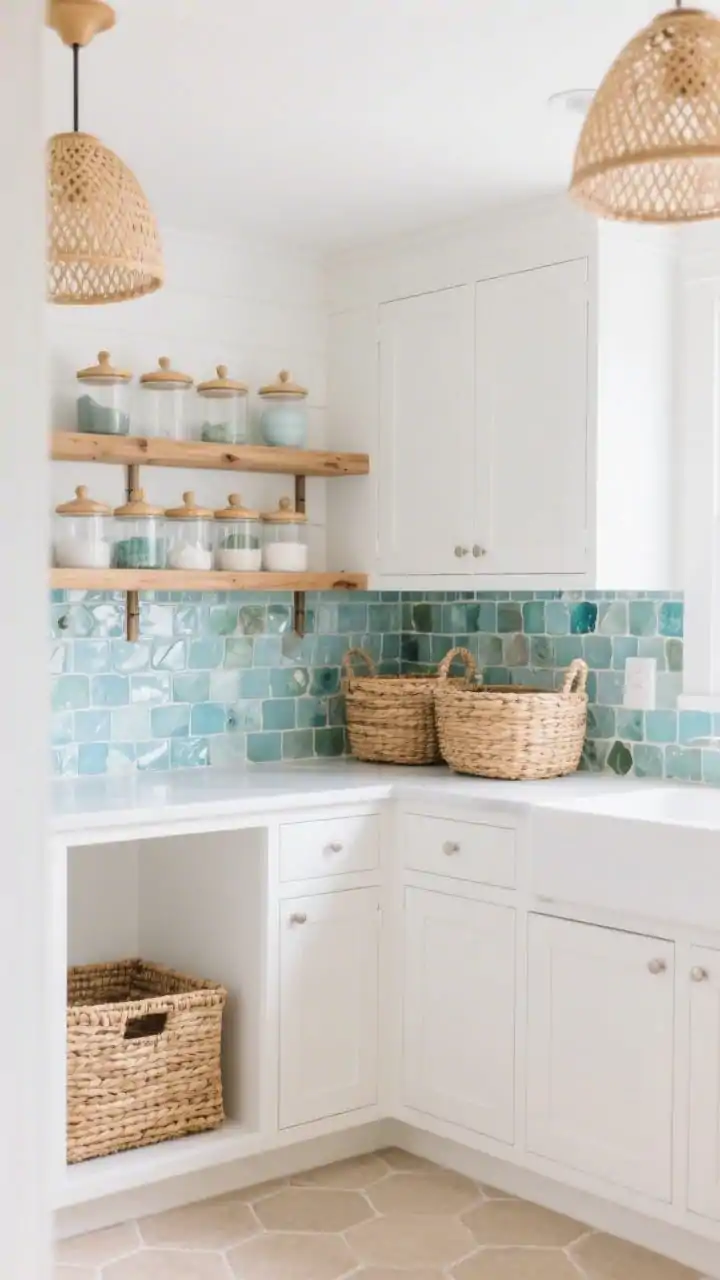 Medium shot, corner angle: A coastal-calm pantry with soft white shaker cabinets, open white-oak shelves, and a sea-glass mosaic tile backsplash in pale blues and misty greens. Clear canisters with bamboo lids line the shelves; woven baskets are tucked under a counter-height prep zone. Overhead, rattan pendant lights cast a warm, breezy glow. Flooring shows pale sand-colored hex tiles. Palette of white, sea-glass blue, pale oak, and sandy beige; textures of rattan, glass, and matte ceramics. Photorealistic, no people.