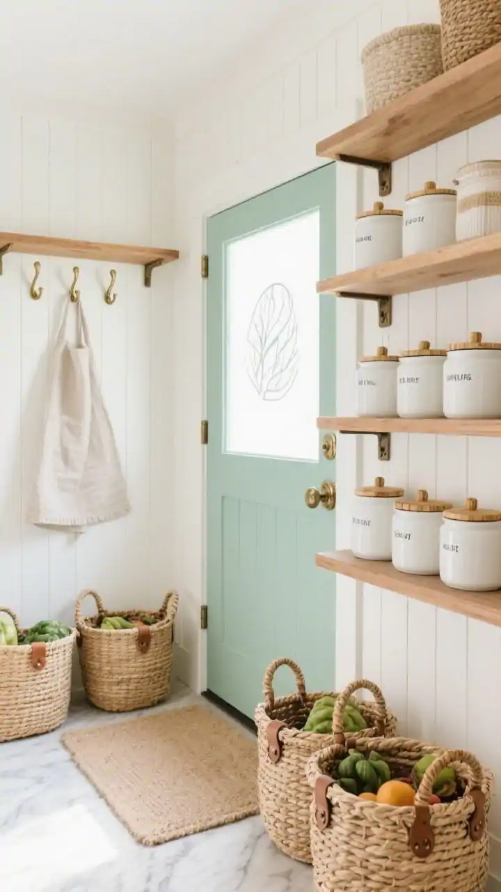 Medium shot, corner angle: A coastal woven-texture pantry featuring soft white beadboard walls, warm oak floating shelves, and a seafoam green interior door; rattan baskets with leather pulls filled with produce, white ceramic canisters with bamboo lids labeled and grouped, a sandy-neutral runner on the floor, subtle filtered light through a window decal, and soft brass hooks holding linen aprons; photorealistic, bright and airy with layered textures.