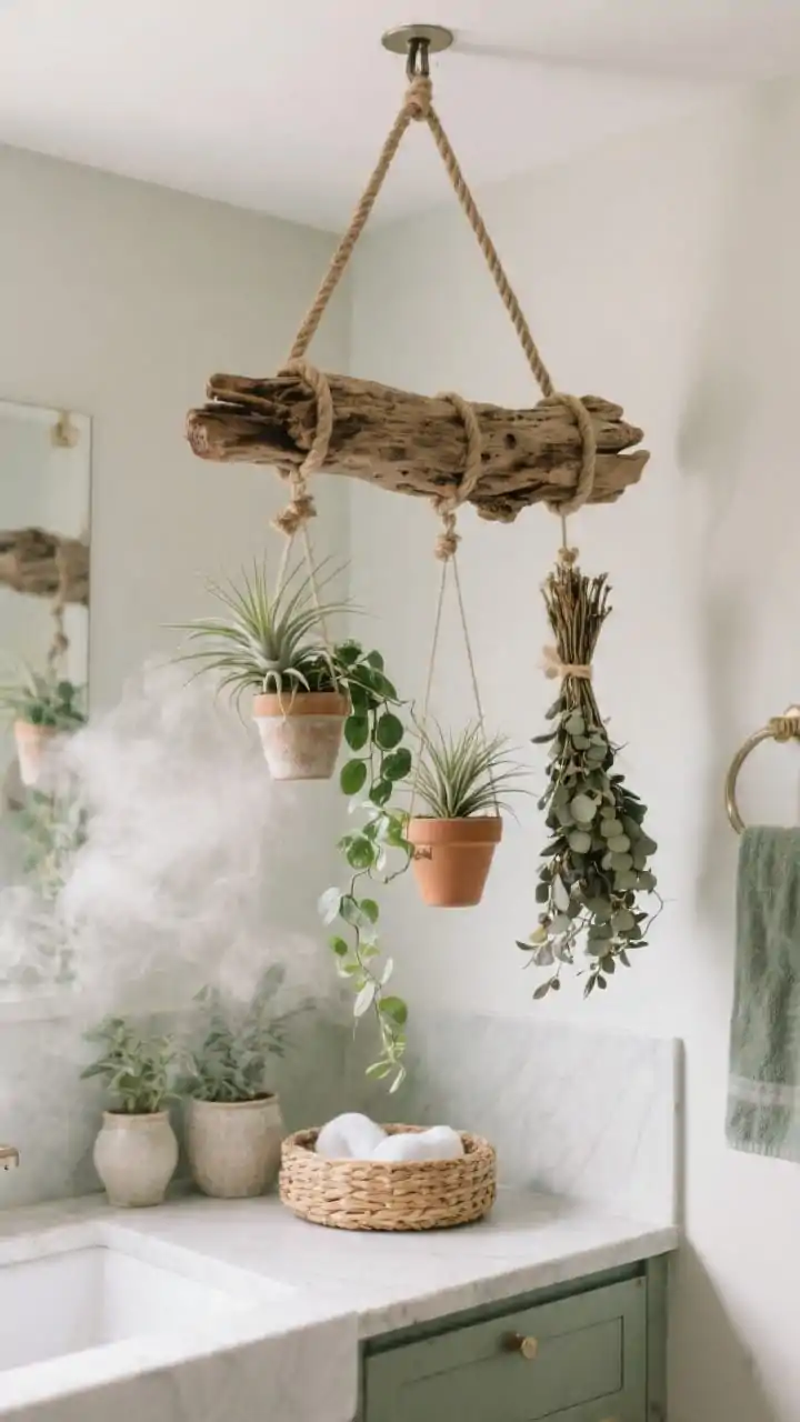 Medium shot, corner angle: A kitchen/bath vignette with a suspended chunk of driftwood acting as a botanical hanger. Sturdy ceiling hooks and rope support the piece; hanging below are small planters, air plants (Tillandsia), trailing pothos, and tied bundles of dried eucalyptus. Steam-softened humidity glow in a bathroom setting, indirect natural light, sage and chalk accents, ceramic planters, and rattan details for spa vibes; no people.