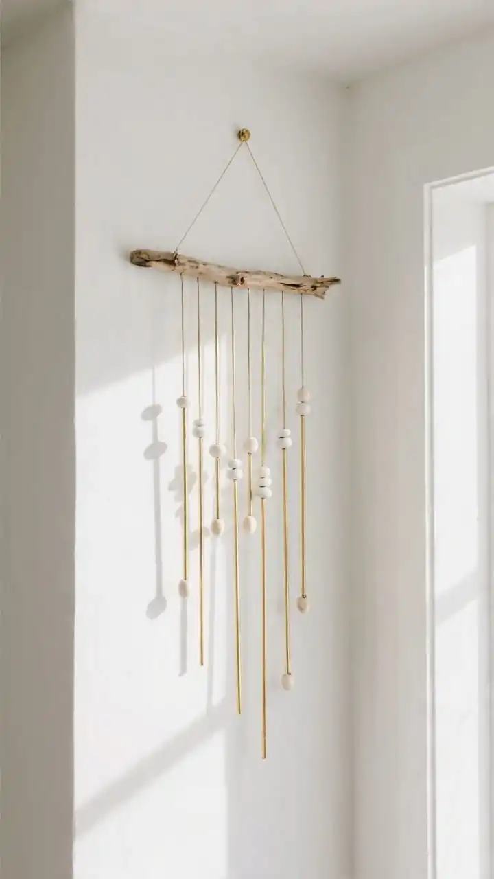 Medium shot, corner angle: A minimalist driftwood and brass wall mobile suspended in a bright hallway nook. Slim matte gold brass rods hang at varying lengths from a slender driftwood stick, accented with tiny white and bone ceramic beads for a waterfall effect. Palette is white, bone, and matte gold; walls are chalk white with soft, sunlit reflections that make the rods glint gently. Clean lines, airy negative space, subtle coastal calm; no people.