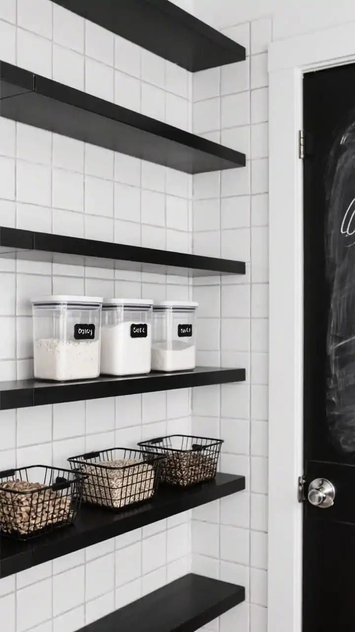 Medium shot, corner angle: A modern black-and-white pantry with matte-black shelves against a white grid-tile backsplash; square acrylic containers with airtight lids and minimalist black sans-serif labels holding flour, sugar, and grains; black wire baskets echoing the grid pattern; shelves organized by category and height for visual rhythm; a subtle touch of chrome hardware; a chalkboard panel on the door visible in frame; crisp, even lighting; photorealistic.
