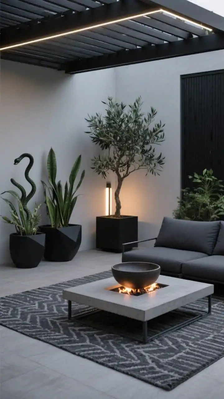 Medium shot, corner angle: A modern minimalist patio lounge with a low-profile charcoal sectional featuring sharp angles, paired with a rectangular concrete fire table centered on a graphite flatweave rug in a tight pattern. Matte black planters hold sculptural snake plants and an olive tree. Decor is minimal: a single oversized ceramic bowl rests on the fire table. Slim LED uplights wash the plants, creating dramatic nighttime shadows. A slatted pergola above integrates dimmable strip lighting, set to a moody, low intensity. Palette: charcoal, black, soft gray, olive green. Materials: concrete, powder-coated metal, performance fabric.