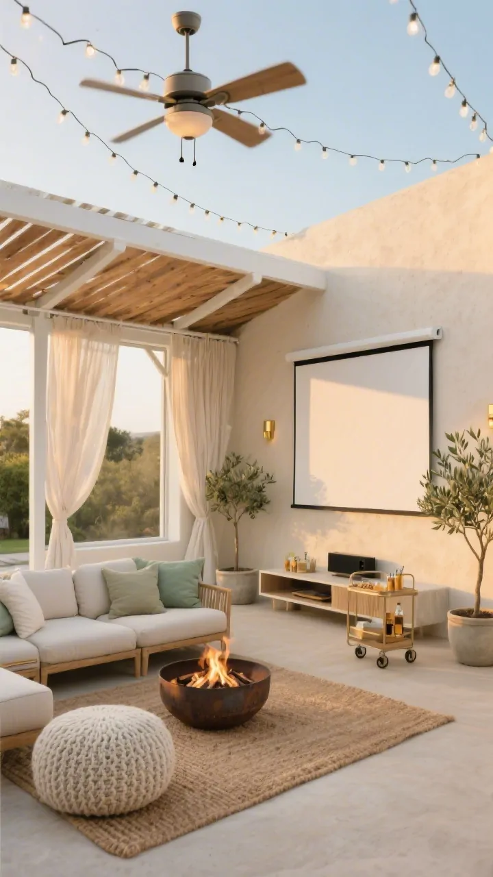 Medium shot, corner angle, golden hour: A breezy wood slat cabana with a white metal frame and gauzy curtains draping softly, facing a smooth stucco wall used for projection. Palette: sand, ivory, muted sage with brushed brass accents. Tech and lighting: dimmable string lights zigzagging overhead, a ceiling fan, and a drop-down projector screen partially lowered above a low-profile media console. Seating: modular outdoor sectional with oversized floor cushions and knit poufs atop a woven jute-look rug. A low fire bowl ready for s’mores and a small beverage cart; potted olive trees in muted planters. Cozy, coastal, teen-approved mood, no people.