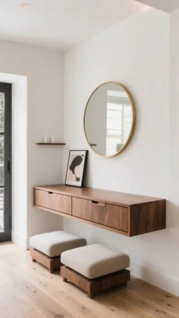 Medium shot, corner angle of a boutique hotel–style foyer with a warm walnut floating console spanning the wall, two deep concealed drawers visible by thin seams. Below, a nested pair of low-profile ottomans tucked neatly. Above, a large round mirror with a thin brass frame, asymmetrical wall art casually leaning on a micro shelf. Pale limed oak floors to make the console pop; soft white walls. Gentle daylight and subtle accent lighting for a sleek, airy feel. Photorealistic.
