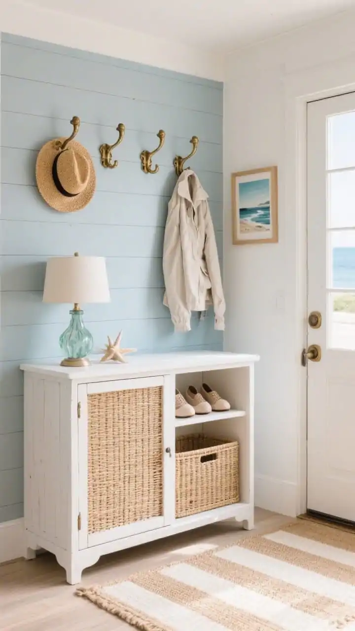 Medium shot, corner angle of a modern coastal entry: a cane-front cabinet in painted white oak, the woven cane ventilating shoes within. Above a beadboard half-wall painted soft blue-gray, oversized antique brass hooks hold straw hats and light jackets. A striped indoor-outdoor runner on sandy beige tones, a sea-glass table lamp on the cabinet, and a coastal print on the wall. Warm daylight for breezy, vacation-fresh atmosphere. Photorealistic.