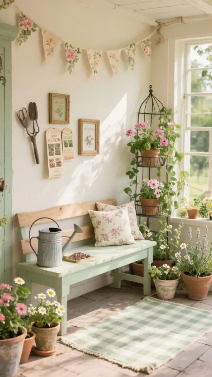 Medium shot, Cottagecore Potting Porch: a narrow potting bench in soft sage or cream with tin watering can, vintage-style seed packets in small frames, and potting tools; a two-seater wooden settee with floral cushions; a wire plant stand in the corner with trailing ivy; delicate blooms geraniums, sweet peas, daisies in mismatched pots; a gingham outdoor rug tying the space together; floral bunting overhead; warm afternoon light, sweet and whimsical, no people, photorealistic.