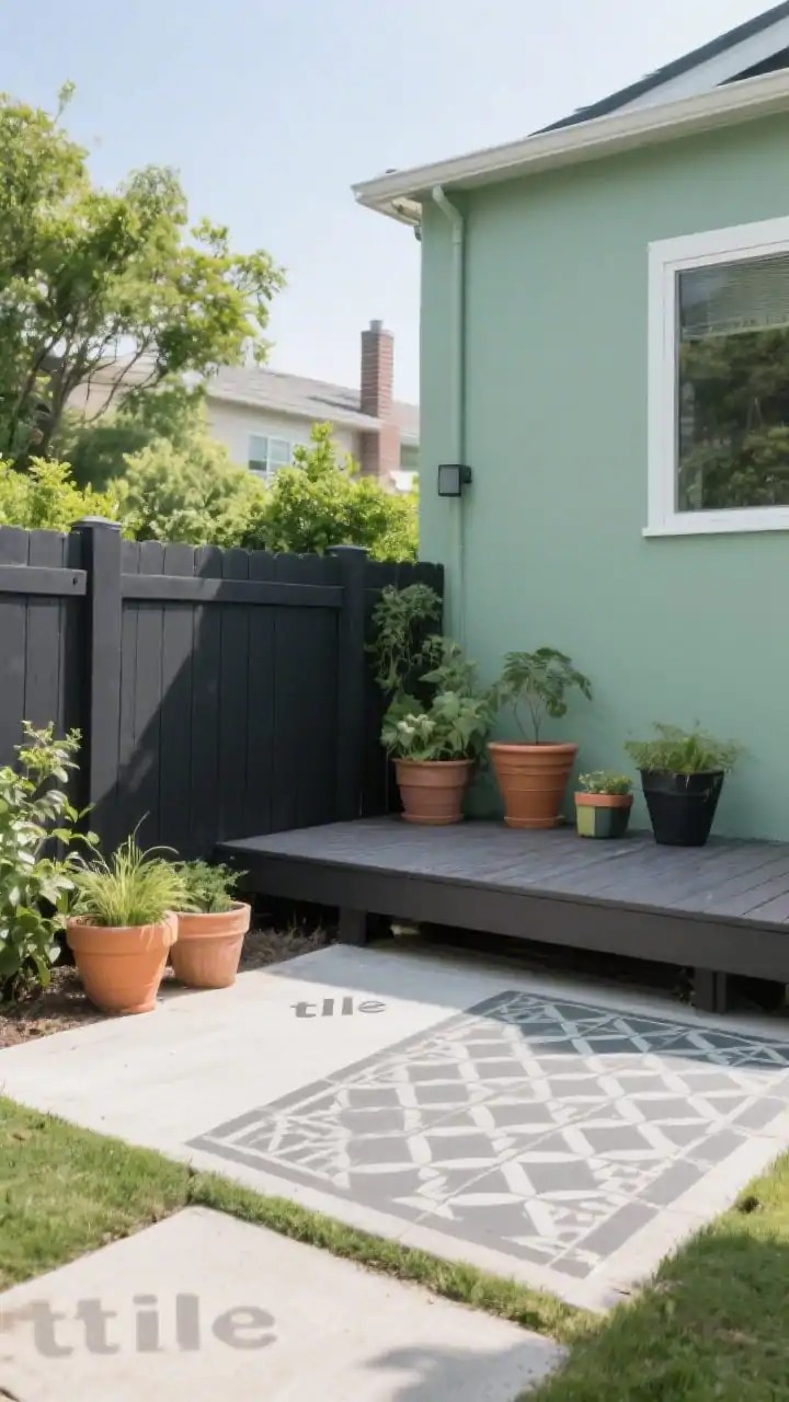 Medium shot, daytime: A freshly painted backyard vignette with a deep charcoal fence making surrounding greenery pop, a modern deck refreshed with semi-transparent stain, and mismatched terracotta and plastic pots unified by a soft black and sage green spray-paint palette; a concrete slab partially stenciled with a geometric “tile” pattern in muted grays; natural sunlight revealing subtle tone shifts; crisp, photorealistic paint textures and roller/stencil edges.