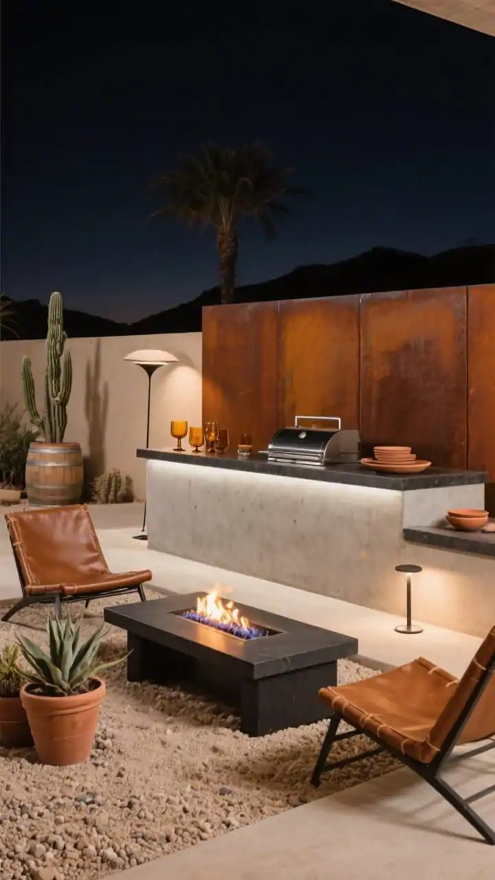 Medium shot, Desert Modern Fire & Smoke Escape at night: a linear grill island faced in smooth concrete with a charcoal porcelain countertop, backed by a warm-toned corten steel panel; low sling chairs in caramel leather-look fabric arranged around a rectangular gas fire table; sand-colored gravel bed, terra-cotta planters with agave and barrel cactus; amber glassware and clay serving dishes on a side ledge; lighting from low bollard lights and a single sculptural floor lamp; palette of sand, rust, charcoal, and matte black; photorealistic, moody Palm Springs vibe.