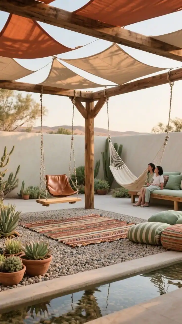 Medium shot, Desert Oasis Shade Garden With Swings: a cedar pergola supporting overlapping triangular sail shades casting layered shadows onto a pea gravel floor; a low-slung web swing in caramel leather-look vinyl, a simple wood plank swing, and a hammock lounger strung between pergola posts; succulents in shallow clay bowls, a striped kilim-style outdoor rug, and a narrow water rill providing gentle reflections; floor cushions and a shade-side bench for parents; palette of sage, terracotta, sand, and off-white; serene late-afternoon light, photorealistic.
