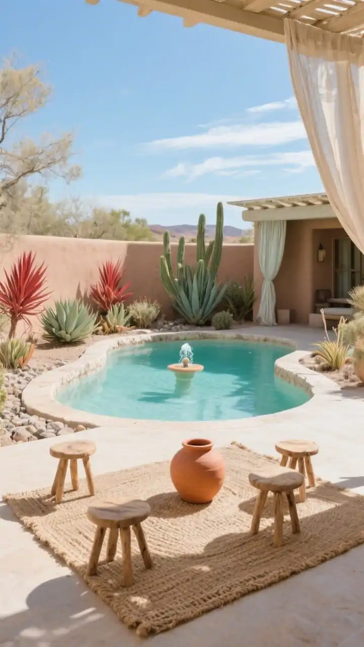 Medium shot, desert spring sanctuary under big sky: a tight, rounded pool edged with sun-bleached limestone and decomposed granite; clear pale turquoise water glows. Around the perimeter, drought-tolerant plantings of agaves, desert spoon, and red yucca define a shallow planted trench doubling as the regeneration zone. A terracotta jar fountain gently bubbles at the far end. Furnishings: woven jute rug on the patio, low acacia stools, a light pergola with linen curtains softly billowing in a dry breeze. Color palette: pale stone, turquoise, adobe, muted sage. Photorealistic, high dry sunlight with soft shadows, serene water-smart luxury.