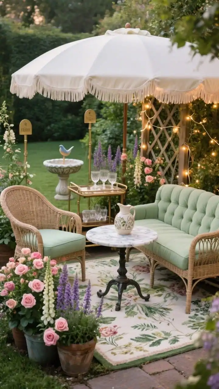 Medium shot, English Garden Conversation Parlor: curved wicker lounge chairs flanking a petite tufted outdoor loveseat in soft sage, grouped around a cast-iron pedestal table with a marble-look top; scalloped-edge cream outdoor umbrella overhead; botanical-print rug anchoring the seating; clustered planters of roses, foxglove, and lavender creating a lush enclosure; vintage-style bar cart with etched glassware and ceramic pitcher; twinkle fairy lights woven through trellis; brass garden markers and a floral-motif birdbath in the background; soft, romantic lighting; photographed from a garden path angle.