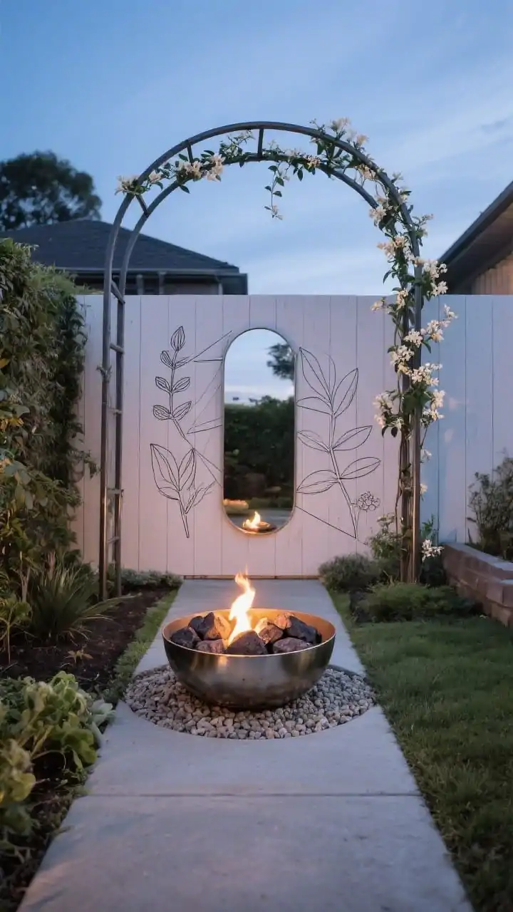 Medium shot, focal-point composition: A budget-friendly garden feature at the end of a path an elegant DIY fire bowl (metal bowl with lava rock, discreet gel fuel) set on a small gravel circle, with a weather-safe mirror mounted on a nearby fence to enlarge the space; a painted plywood mural panel with simple geometric botanicals as backdrop; a slim metal arch with young jasmine beginning to train; balanced sightlines, twilight mood.