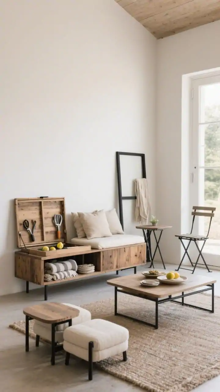 Medium shot focused on multi-tasking furniture: a slim-legged storage bench in weathered teak with hinged top ajar revealing tools, throws, and citronella; topped with weatherproof neutral cushions; a compact coffee table with lift-top partially raised for dining; a pair of lightweight nesting tables and ottomans tucked together; a foldable bistro chair leaned against the wall; open frames and airy silhouettes to make the space feel breezy; soft morning light, minimal color palette of natural wood, black metal, and cream textiles, corner angle
