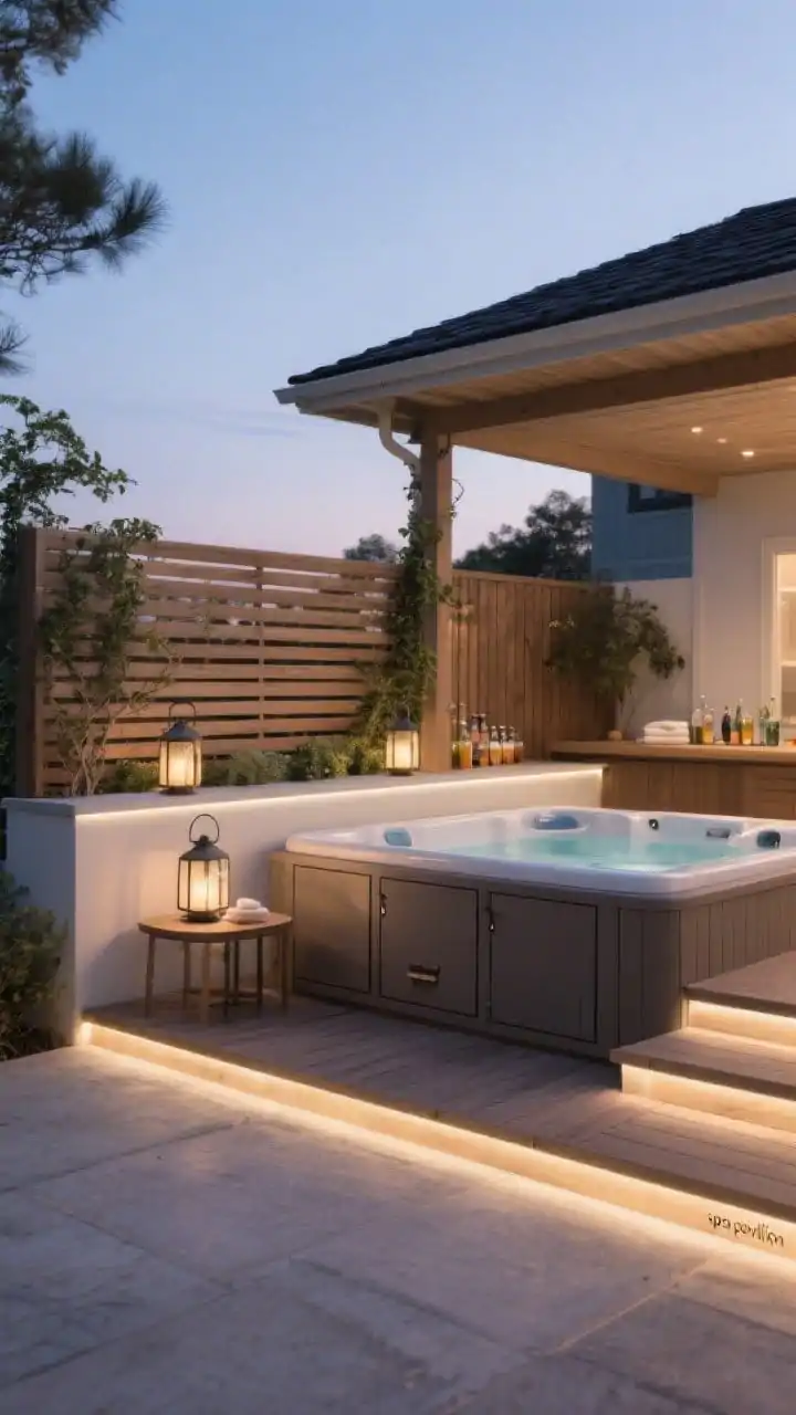 Medium shot focusing on a slightly raised spa deck that gives the hot tub presence, with concealed under-deck storage access panels. Include a 10–12 inch deep bar ledge along two sides holding drinks, a slatted wood privacy screen with sparse climbing greenery, and integrated LED step lighting. Style with two lanterns and a small side table for a “spa pavilion” vibe. Soft twilight glow. No people.