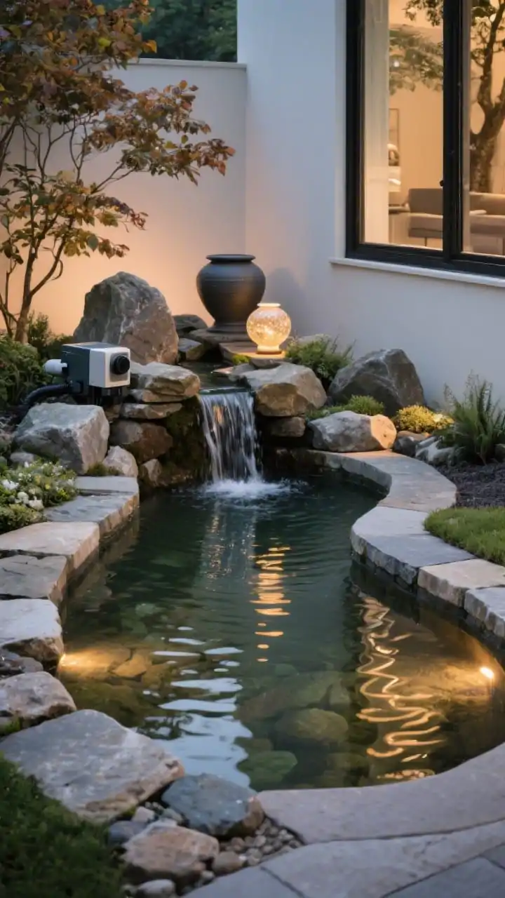 Medium shot from a corner angle: a compact, organically shaped garden pond with curved stone borders and mixed stone sizes, featuring a small waterfall feeding into clear water; submersible LEDs glow under the cascade. Include a discreet pump and biological filter box tucked behind rocks, and a bubbling urn as a secondary water feature. Place the pond where it’s visible from a nearby window, away from large leaf-dropping trees. Depth tiers visible (shallow shelf and deeper center), evening ambiance with warm reflections on ripples.