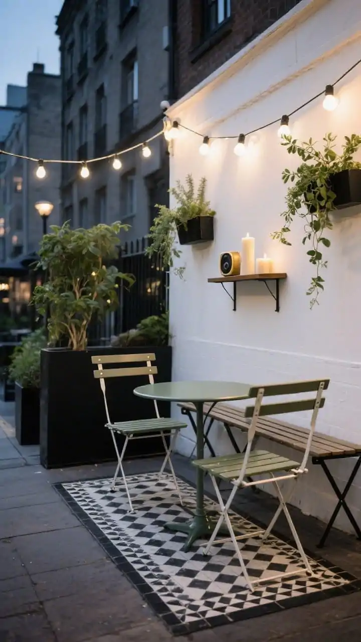 Medium shot from a corner angle of a chic urban bistro patio: a small round powder-coated metal table with two slender bistro chairs tucked along one long edge to keep the walkway clear; warm white cafe lights strung in a neat zigzag overhead, casting a cozy evening glow; a black-and-white tile-look outdoor rug underfoot for Parisian charm; a narrow wall shelf holding candles and a tiny speaker; slim wall-mounted herb planters climbing the wall; a folding bench against the opposite wall. Color palette of black, crisp white, eucalyptus green, and brass accents, dusk ambiance, photorealistic.