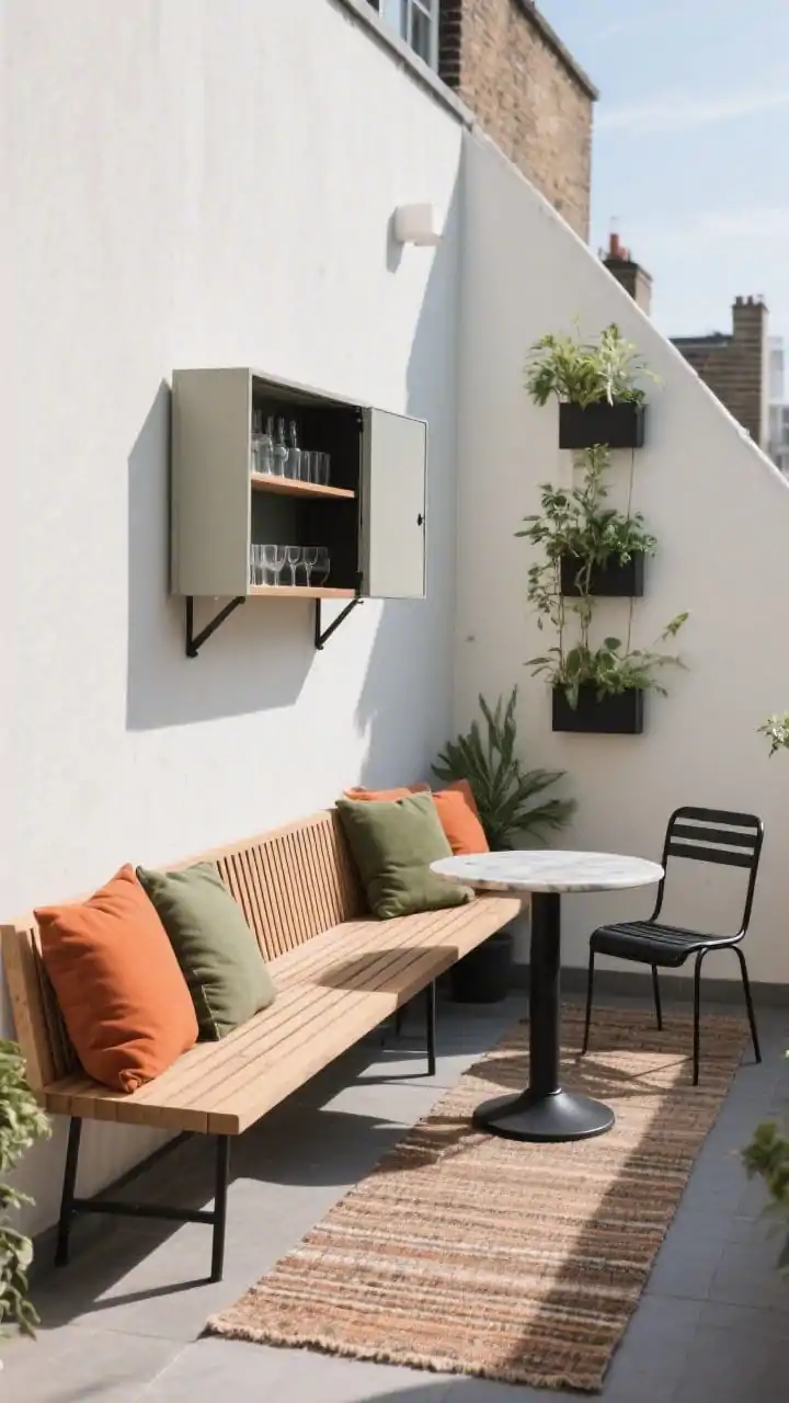 Medium shot from a corner angle of a narrow terrace: along one long wall a slim slatted wood bench with a high back piled with terracotta and sage cushions; opposite sits a petite round bistro table with a pedestal base and two armless black metal café chairs; a runner-style outdoor rug runs lengthwise; vertical planters climb the wall to save floor space; a foldable wall-mounted bar shelf closed above the bench; earthy-modern colors clay, moss, and charcoal under bright, airy daylight.