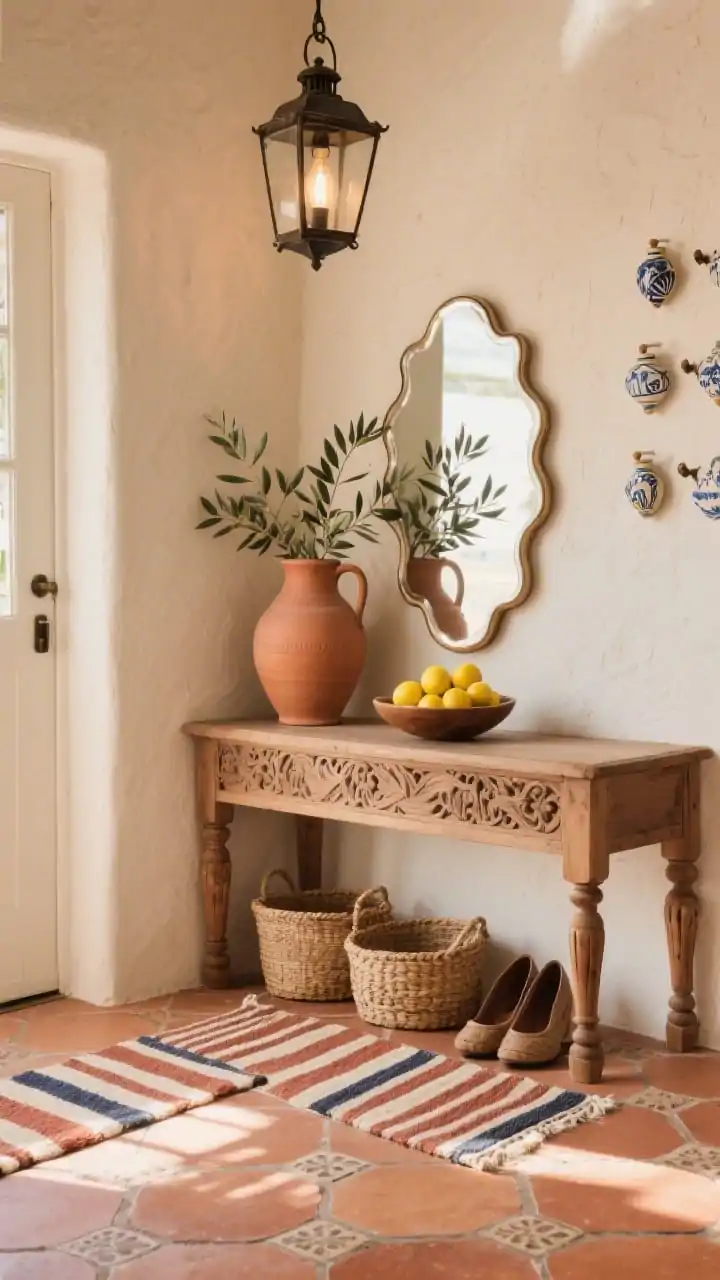 Medium shot from a corner angle of a Warm Mediterranean Welcome foyer: terracotta tile floor (tumbled/patterned), plaster-textured walls in soft sand. A carved wood console with turned legs styled with a bowl of lemons, oversized terracotta jug with olive branches, and a scalloped-edge mirror above. Woven baskets tucked beneath for shoes. Wrought-iron lantern pendant casting warm light, striped kilim runner in rust, cream, and navy, and hand-painted ceramic wall hooks. Sunlit, relaxed, coastal breeze mood, photorealistic.