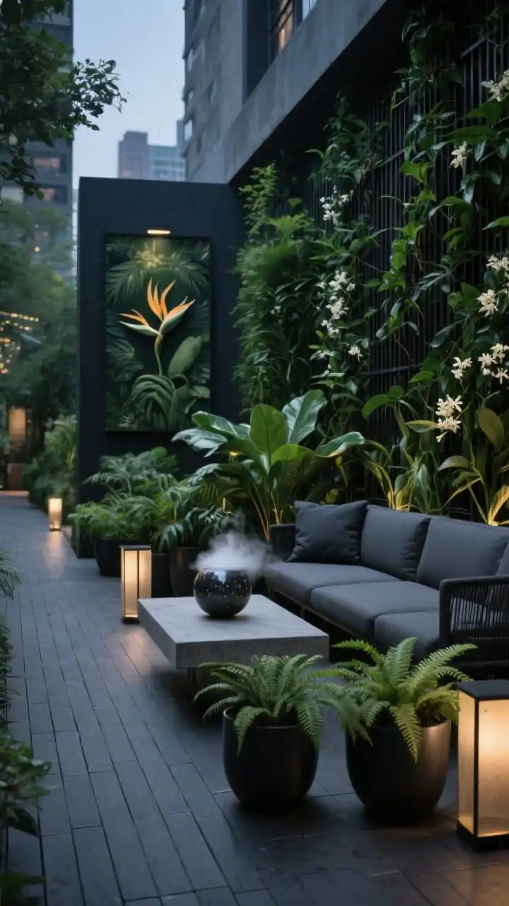 Medium shot from a corner angle of an urban jungle walkway lounge: vertical trellis wall with pothos and jasmine climbing, slim-profile outdoor sofa with charcoal cushions facing a narrow concrete coffee table, charcoal composite decking/slate-look porcelain pavers, clustered matte black planters with ferns, philodendron, and a sculptural bird-of-paradise, misting orb fountain and botanical wall art, deep greens with black metal and brushed brass accents; low bollard lights and hidden uplights washing the greenery at twilight, lush and moody, photorealistic.