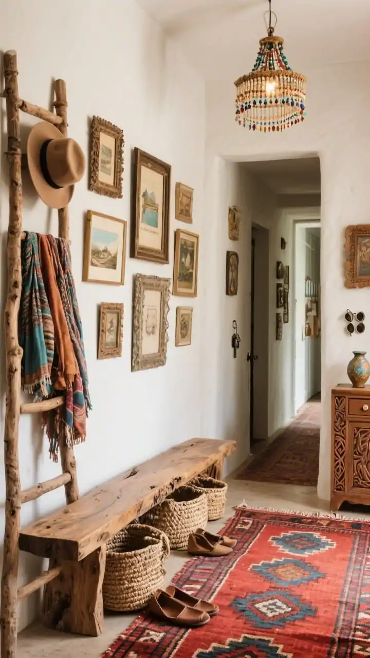 Medium shot from a cozy corner angle of eclectic boho entry: leaning wooden ladder rack holding scarves and hats; chunky live-edge bench beneath with slouchy woven baskets for shoes; above, a mix-and-match gallery wall of vintage frames and travel finds; floor features a bold Kilim-style runner in sun-baked terracotta reds and indigos; beaded chandelier overhead adding texture and soft glow; at the end of the hall, a narrow carved console with a small drawer for keys and a ceramic catchall for sunglasses; finishes carved wood, woven fibers, patinaed metals; collected and creative, no people.