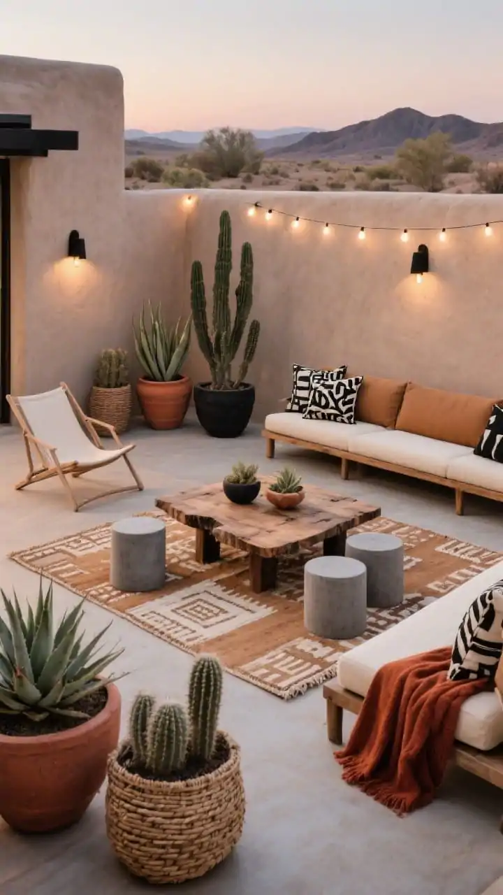 Medium shot from a low angle: A desert-modern patio with boxy, low outdoor sofas in camel and bone, anchored by a tan-and-ivory kilim-style rug. A raw-edge wood coffee table paired with smooth concrete drum tables for sculptural texture. Palette of terracotta, sand, rust, and matte black. Oversized terracotta and graphite planters with agave, cacti, and aloe. Sling-back lounge chairs and a long bench for extra seating. Woven basket planters, rust-toned throws, black-and-cream patterned pillows. Matte black sconces on a stucco wall and warm white Edison strings casting a soft, moody glow. Dusk lighting, photorealistic.
