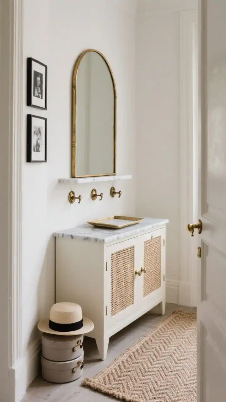 Medium shot from a slight corner angle of a petite Parisian hallway: creamy console with cane-front doors and satin brass hardware; atop it a marble-topped tray; above hangs a vintage-inspired arched mirror with a thin brass frame reflecting light; trio of antique brass hooks beneath a shallow picture ledge styled with black-and-white photographs; herringbone jute runner underfoot; two stacked hat boxes beside the console; colors cream, soft taupe, black accents, aged brass; finishes cane, marble, satin brass; soft natural daylight, elegant and compact.