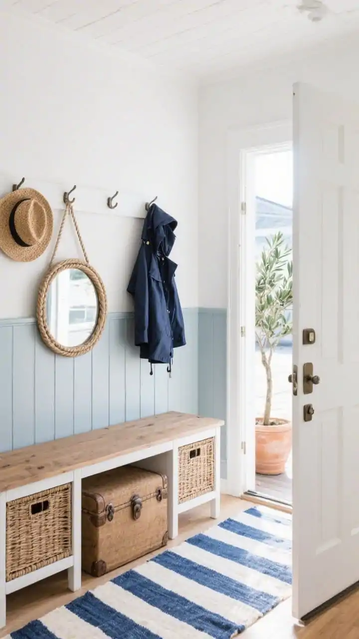 Medium shot from the doorway of a Coastal Cape Entry: soft white walls with misty blue-gray beadboard wainscoting, striped dhurrie runner in marine blue and cream. A white-painted shaker peg rail holding woven hats and a navy raincoat, wicker trunk functioning as storage and seat. Console in white oak with cane-front drawers, round rope-wrapped porthole mirror above, potted olive tree by the door. Bright, breezy natural daylight, clean nautical hints, photorealistic.