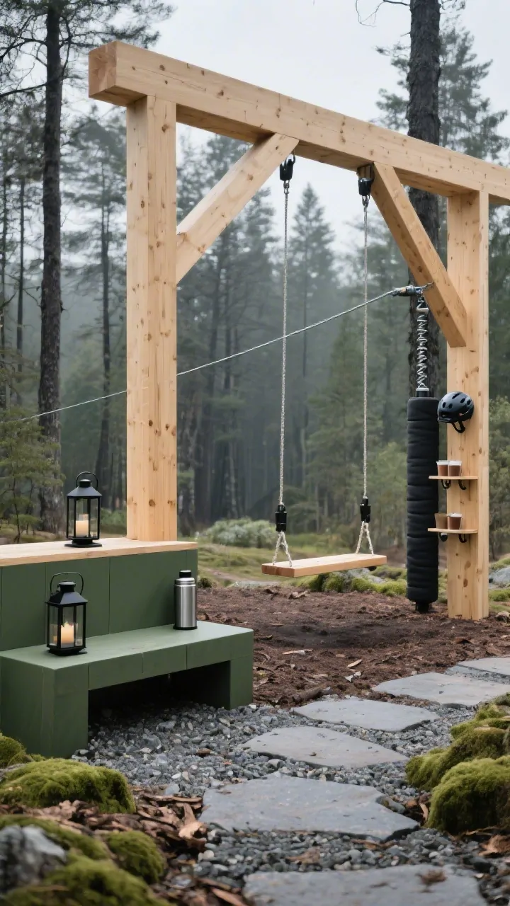 Medium shot in a Nordic forest setting: blonde timber frame with clear sealant, tall beam for higher arcs, two wide belt swings and a flat wooden plank swing for standing rides. A low-profile zip line extends to a padded post with visible spring brake; helmet hooks mounted nearby. Ground has crushed granite paths and a thick bark mulch landing zone, with beam bracing details. Palette of natural wood, charcoal, and moss green; minimalist bench, black metal lanterns, and a thermos shelf for hot cocoa. Cool, overcast woodland light, calm and curated.