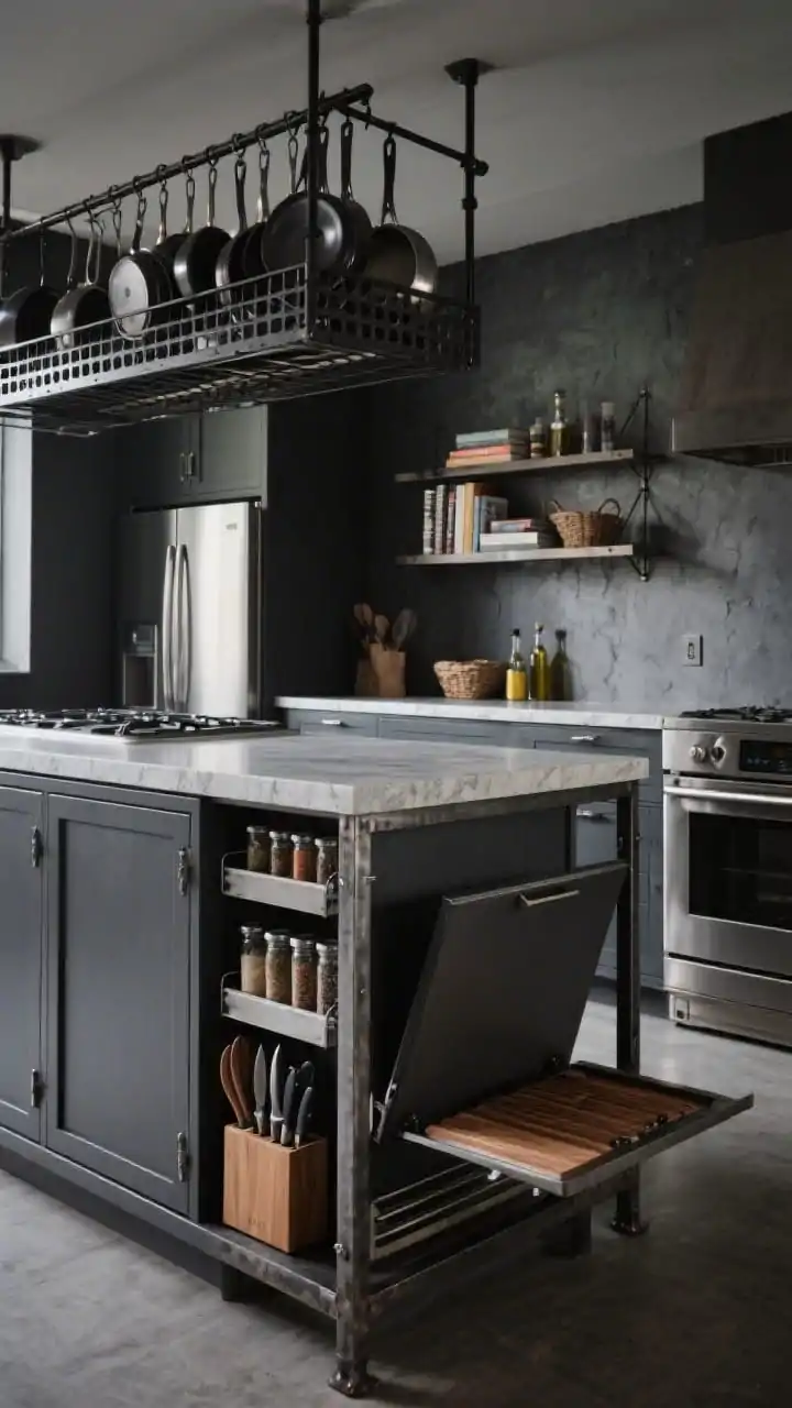 Medium shot, Industrial Island With Hidden Lift-Ups: Focus on a compact steel-framed island with a concrete-look quartz waterfall counter in a kitchen with charcoal flat-front cabinets and brushed stainless hardware. One island panel is open to reveal a rising tiered spice rack; another lift-up lid exposes a walnut-lined knife block and utensil well. Overhead hangs a black steel pot rack with a tight grid neatly organizing pans. Background walls finished in charcoal limewash with open metal shelves (perforated sides) holding cookbooks, oils, and small baskets; hint of a counter-depth fridge and a toe-kick drawer under the oven for sheet pans. Dramatic, moody lighting with soft highlights on stainless and concrete, three-quarter angle, photorealistic.