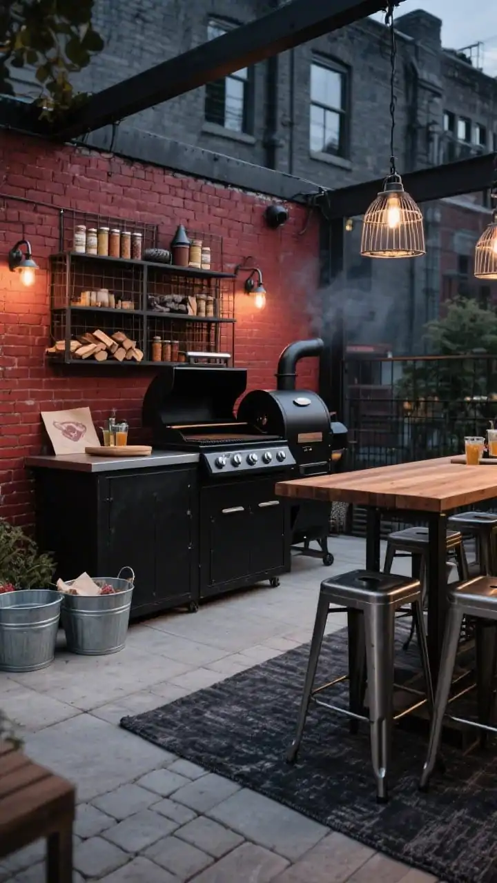 Medium shot, Industrial Loft Patio with Smokehouse Vibes at evening: a blackened steel grill island beside a freestanding offset smoker; red brick wall backdrop with grid-style metal shelving stocked with rubs, cast iron, and wood chunks; concrete paver floor with a charcoal outdoor rug; high-top bar table with metal stools; utilitarian lighting from cage pendants and gooseneck sconces; galvanized tubs for drinks and a butcher-paper station ready for serving; palette of iron gray, brick red, black, walnut; photorealistic, gritty industrial mood.