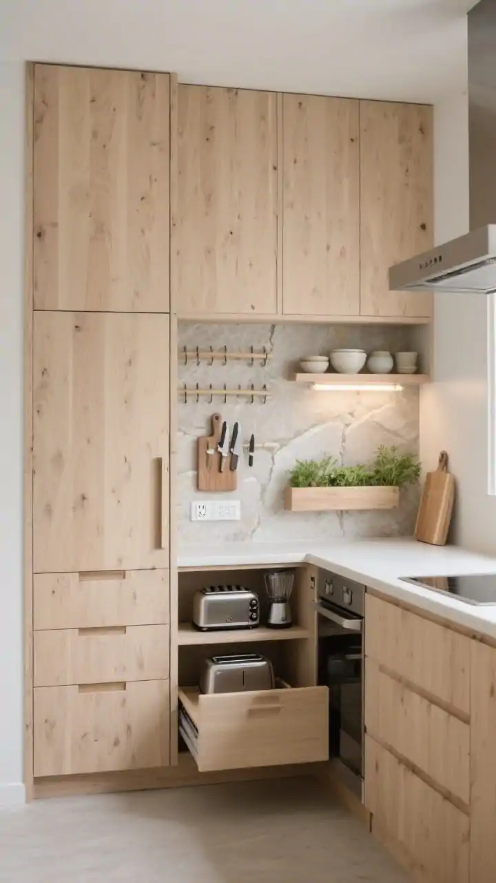 Medium shot, Japandi Pocket-Prep Wall: A serene wall of light ash wood cabinetry with hidden pulls, porcelain counters in pale stone, and a full-height stone slab backsplash. Centered is a pocket-prep cabinet with tall doors slid open to reveal adjustable peg shelves, a built-in outlet strip, and a pull-out appliance tray with a toaster and blender. Interior doors host a shallow knife magnet and a cutting board dock; a narrow herb trough sits beneath a concealed grow light casting a gentle, focused illumination on fresh greenery. Include a low-profile vent hood and a single open shelf with simple ceramics; hint of floor-to-ceiling panel-front pantry drawers and a pull-out corner carousel. Minimal, calm mood, soft natural light with subtle accent from the grow light, straight-on perspective, photorealistic.