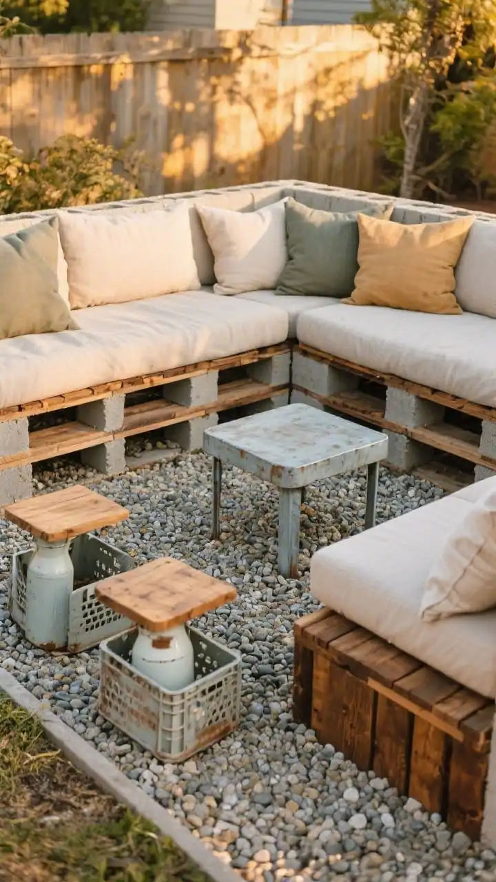 Medium shot, late afternoon: A budget seating area on a small pea gravel pad with pallet sofas topped by thick, weather-resistant cushions in a cohesive color family, a cinder block bench with stained 4x4 wood slats and neutral cushions, and a couple of milk crate stools with wood tops; a thrifted metal side table sanded and repainted; textures of gravel, stained wood, and outdoor fabric; soft golden light.