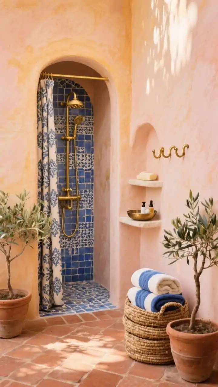 Medium shot, Mediterranean mosaic nook: limewashed wall in warm ochre with blush undertones; blue-and-white mosaic peel-and-stick tile splashback behind a brass or antique-gold shower head; terra cotta pavers underfoot; olive trees in clay pots flanking the scene and woven baskets stacked with towels; curved brass hooks and a hammered metal tray for toiletries on a small ledge; Turkish towels in indigo and cream with a patterned privacy curtain slightly draped; a small arched niche shelf inset in the wall holding soaps; sun-drenched golden light with soft shadows; palette of terracotta, sun-washed peach, cobalt, brass; photorealistic, no people.