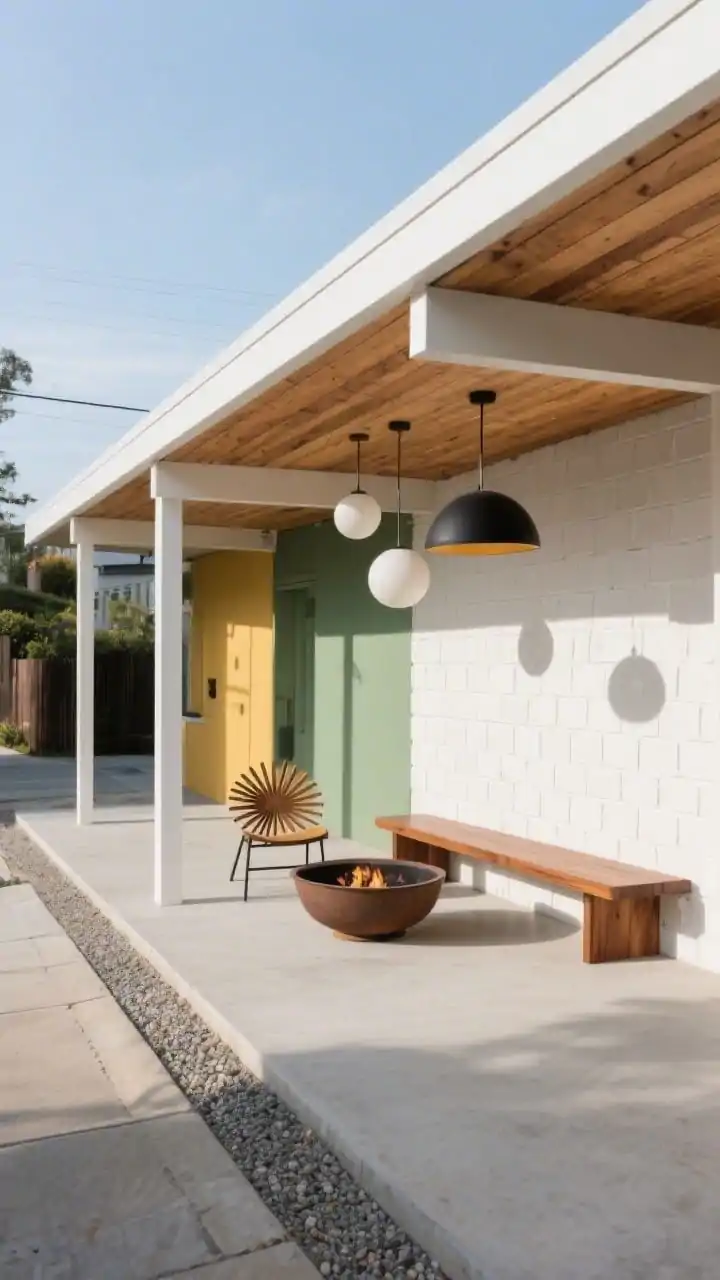 Medium shot, mid-century breezeway: Thin-profile flat roof on cedar slats supported by crisp white posts; a breeze-block half wall running along one side casting geometric shadows across smooth concrete flooring with an exposed aggregate border; low walnut bench, sunburst-accent chairs, and a saucer-style fire bowl centered; globe pendants at staggered heights under the roof; palette of white, cedar, avocado green, mustard, matte black; retro shade with breezy airflow; photorealistic, no people, angled street-facing perspective capturing curb appeal.
