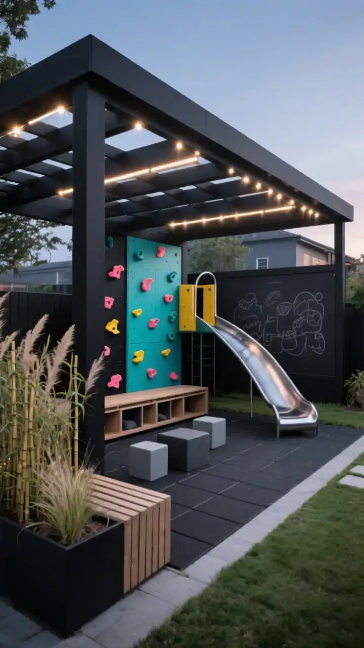 Medium shot, modern adventure pergola in a contemporary garden at dusk: a matte-black pergola with integrated play features; one side a climbing wall with bright coral, teal, and lemon holds; opposite side a powder-coated steel slide glinting; charcoal rubber safety tiles underfoot; a low-profile slatted storage bench with hidden compartments and modular cube stools; linear string light snaking through rafters glowing softly; planter boxes with bamboo and ornamental grasses softening the black and charcoal palette; chalkboard side panel visible for doodles; sleek, architectural mood, photorealistic.