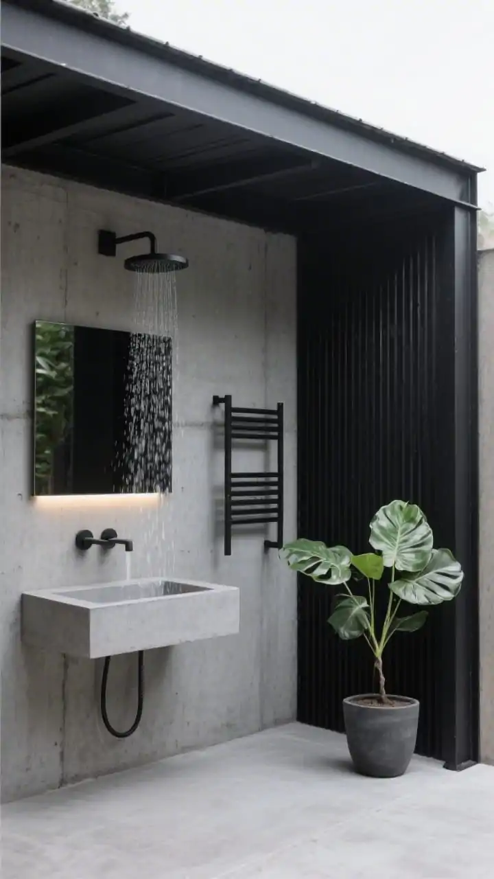 Medium shot, modern black-and-concrete pavilion: steel-framed flat-roof structure with one slatted privacy wall, poured concrete walls, matte black rainfall shower descending like a sculpture, floating concrete shelf vanity with rectangular vessel sink and graphite fixtures, slimline LED mirror emitting soft, even light, black ladder towel rack, single monstera in charcoal planter; palette of graphite, matte black, smoke gray, eucalyptus green; cool, diffused lighting; straight-on, photorealistic.