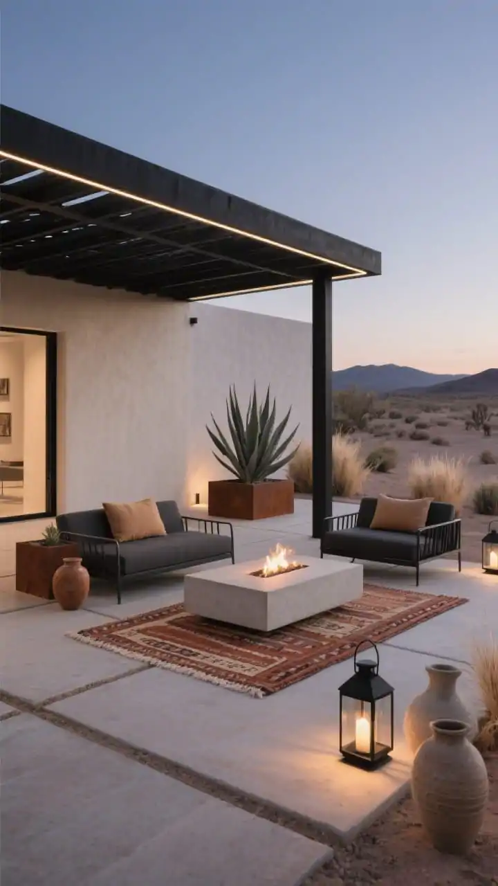 Medium shot, Modern Desert Retreat at dusk: smooth concrete pavers beneath a matte black steel pergola outlined with a slim LED strip; two low-slung charcoal aluminum loungers with camel cushions facing a light-concrete rectangular fire table; minimal decor including corten steel planters with a sculptural agave and desert grasses; a flat-weave kilim outdoor rug in rust and sand softening the hardscape; black metal lanterns and ceramic jugs subtly placed; in-ground uplights grazing the agave; palette of charcoal, clay, sand, and black; serene, clean-lined, gallery-like atmosphere, photorealistic.