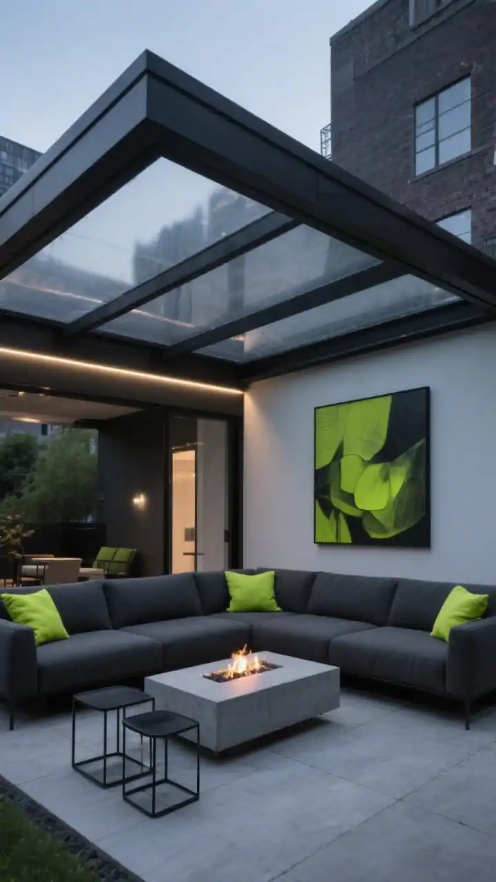 Medium shot, modern flat roof canopy: A sleek flat roof extension framed in powder-coated black steel with smoke-tinted polycarbonate panels overhead filtering moody daylight; beneath, a charcoal sectional with tight lines facing a slim concrete fire table; nesting side tables in blackened metal; citrus-green cushions adding sharp contrast; abstract weatherproof art mounted on the adjoining wall; oversized porcelain pavers with razor-thin grout lines; a linear LED strip tucked under the beam creating a floating glow; palette of charcoal, black, smoke gray, and hits of acid green; photorealistic, no people, angled urban perspective at dusk.