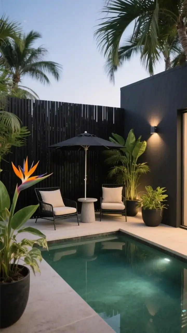 Medium shot, modern minimal pool corner: a small above-ground pool wrapped in vertical matte-black slats, framed by lush potted palms and birds of paradise for deep green contrast; black metal lounge chairs with linen sand cushions, a round cement side table, a slim-line cantilever umbrella, and a simple bamboo privacy screen behind; solar uplights casting dramatic evening glow on planters; palette of black, sand, and deep green; dusk lighting with crisp shadows; photorealistic, no people.