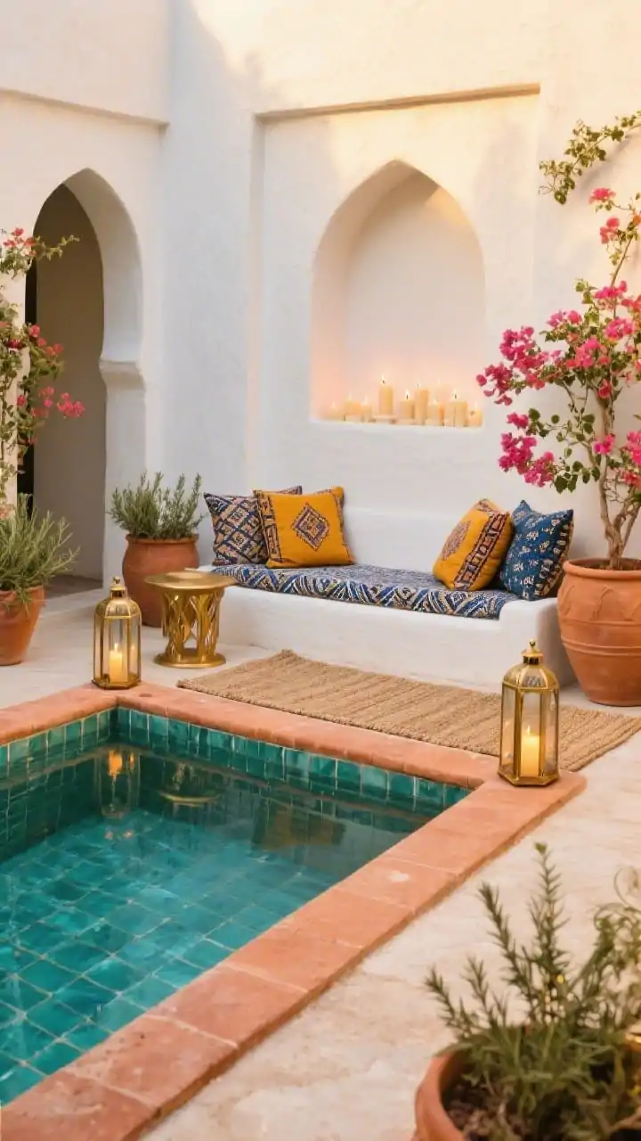 Medium shot, Moroccan-inspired dip pool courtyard in warm late-afternoon light: petite rectangular pool lined with handmade teal zellige tiles that shimmer, edged with terracotta coping. A white stucco bench topped with patterned cushions in saffron and indigo; kilim pillows and a woven jute runner underfoot. Arched lanterns and a brass side table beside big terra-cotta pots planted with bougainvillea and rosemary. A simple tadelakt niche in the wall filled with candles ready to glow at dusk. Palette of teal, saffron, terracotta, warm brass, and chalky white; rich textures and artisan feel, no people.