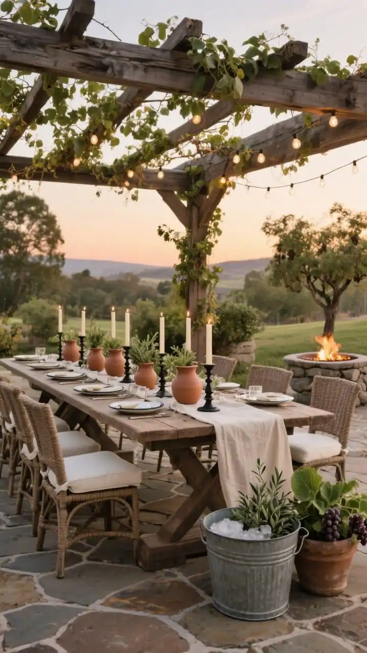 Medium shot, Napa Farmhouse Dining Terrace at sunset: flagstone pavers under a reclaimed wood trestle table surrounded by woven armchairs in taupe with ivory seat pads; a cross-beam pergola draped with vine garlands overhead; tabletop styled with a line of clay pitchers holding herbs, a linen runner, and tall taper candles in wrought-iron holders; galvanized tubs used as ice buckets and enamelware platters ready for serving; potted olive trees, thyme, basil, and grapevines around the scene; a nearby stone fire bowl flickering; warm white café lights strung in a canopy casting a celebratory glow; weathered wood, cream, olive, and iron black palette; photorealistic.