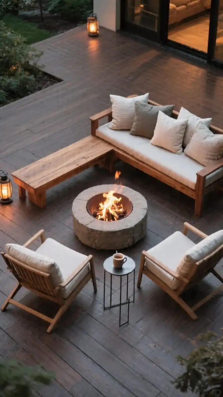 Medium shot of a bench-and-chair combo for big gatherings: a freestanding wooden bench with a backrest piled with oversized lumbar pillows on one side of a circular fire pit, and two cushioned accent lounge chairs opposite; a slim side table between the chairs for hot cocoa; bench wood stained a few shades darker than the surrounding deck for contrast; informal, balanced look; warm fire glow and soft lantern spill; straight-on view showcasing symmetry and flexibility.