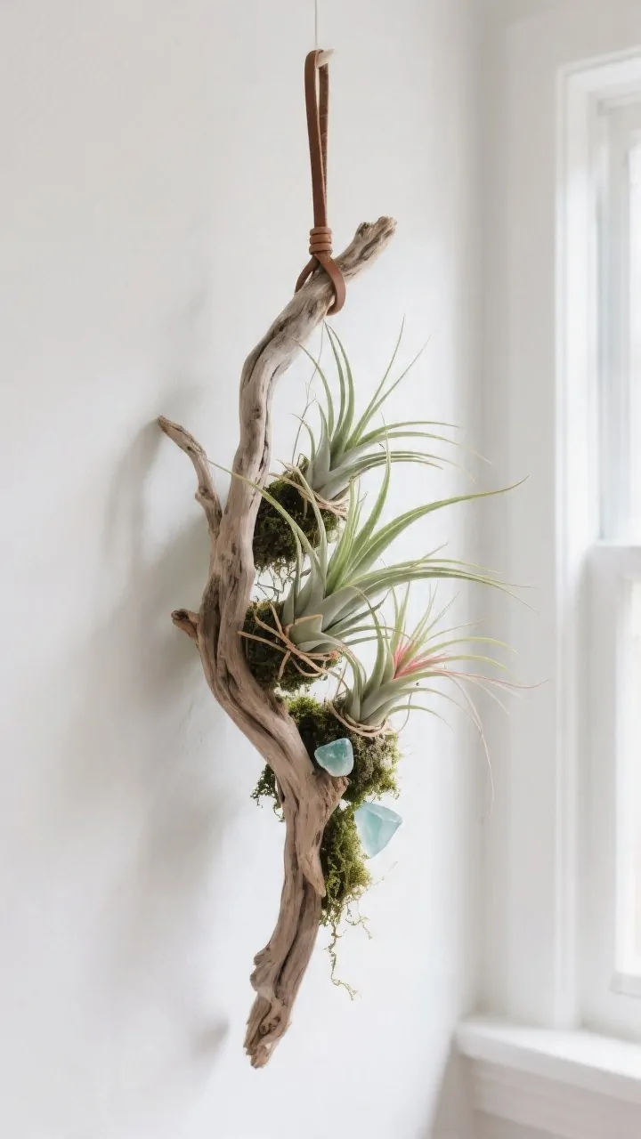 Medium shot of a botanical hanger with air plants: a curvy, branchy driftwood piece hung by leather cord against a white wall near bright, indirect light; multiple Tillandsia nestled in natural nooks, loosely wrapped with discreet florist wire, with bits of moss and a few pieces of sea glass accenting the composition; fresh, low-maintenance vibe; crisp, diffused daylight from a nearby window; shot at a slight upward angle to showcase the plants’ forms and the driftwood’s organic curves